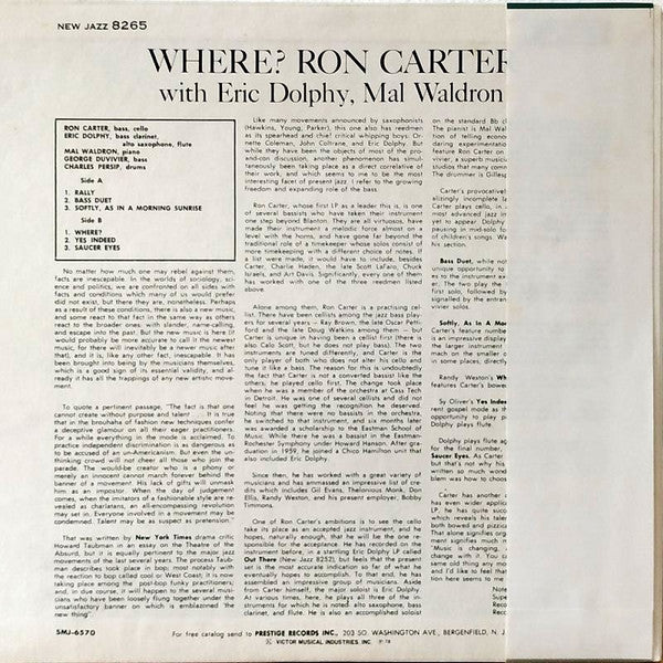Ron Carter, Eric Dolphy, Mal Waldron – Where? LP vinyl record, image 2 of 5