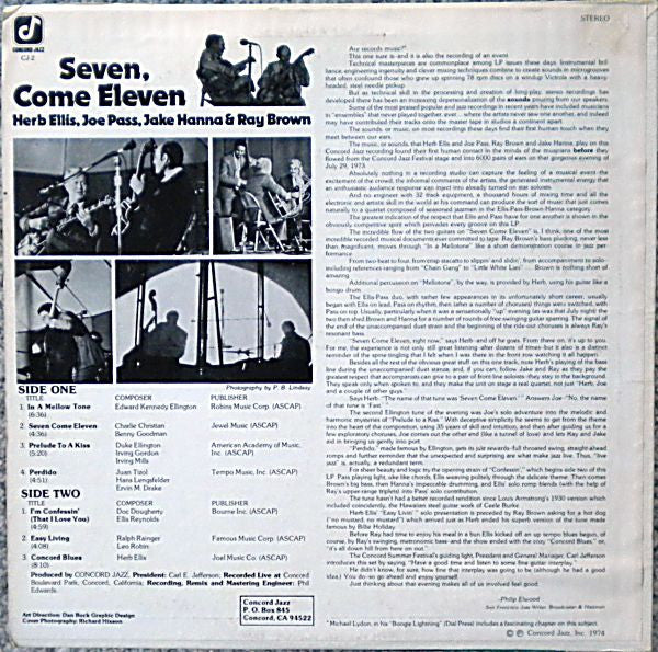 Herb Ellis, Joe Pass, Jake Hanna, Ray Brown – Seven, Come Eleven (From Their Live Performance At The Concord Summer Festival) LP vinyl record, image 2 of 4