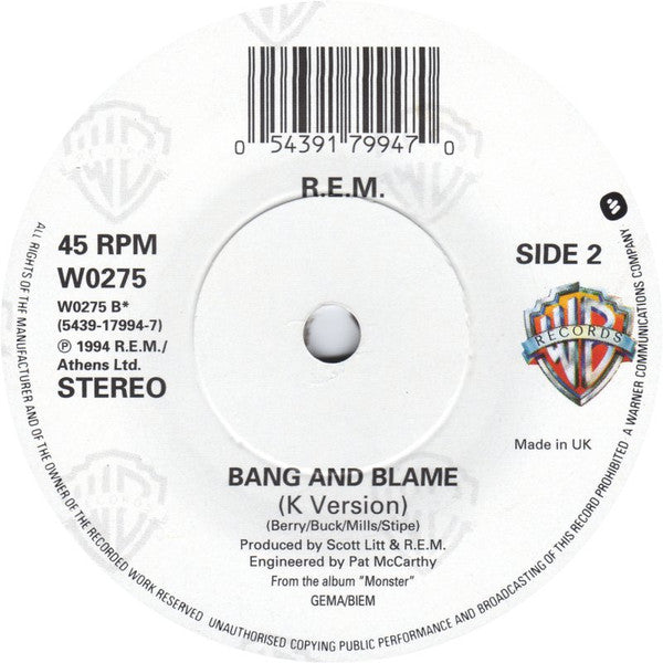 R.E.M. – Bang And Blame 7" vinyl record, image 4 of 4
