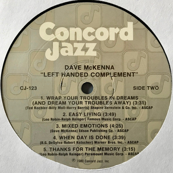 Dave McKenna – Left Handed Complement LP vinyl record, image 4 of 4
