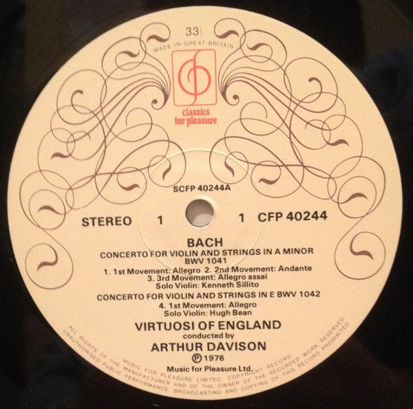 Johann Sebastian Bach, The Virtuosi Of England, Arthur Davison, Hugh Bean, Kenneth Sillito – Double Concerto In D Minor, Concerto In A Minor, Concerto In E Major LP vinyl record, image 3 of 4