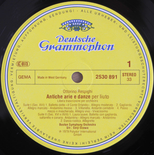 Ottorino Respighi, Boston Symphony Orchestra, Seiji Ozawa – Antiche Arie E Danze = Ancient Airs And Dances LP vinyl record, image 3 of 4