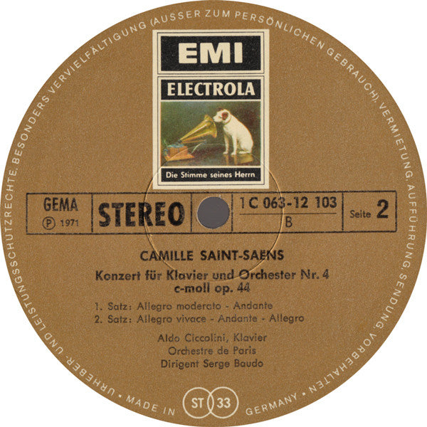 Camille Saint-Saëns, Aldo Ciccolini, Orchestre De Paris, Serge Baudo – Konzerte Für Klavier Und Orchester Nr.2 G-moll, Op.22 / Nr.4 C-moll, Op. 44 LP vinyl record, image 3 of 3