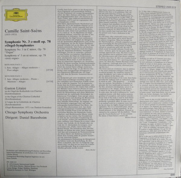 Camille Saint-Saëns, Gaston Litaize, Chicago Symphony Orchestra, Daniel Barenboim – Symphony No.3 "Organ" = „Orgel-Symphonie“ LP vinyl record, image 2 of 4