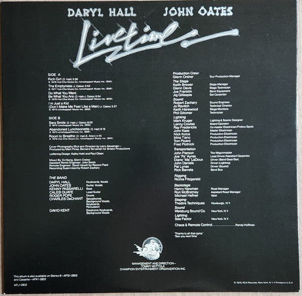 Daryl Hall & John Oates – Livetime LP vinyl record, image 5 of 5