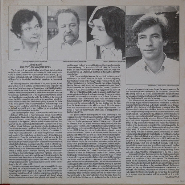 Gabriel Fauré, Jean-Philippe Collard, Augustin Dumay, Bruno Pasquier, Frédéric Lodéon, Jacques Ghestem, Gérard Caussé, Pierre Penassou – Les Quatuors Avec Piano LP vinyl record, image 3 of 6
