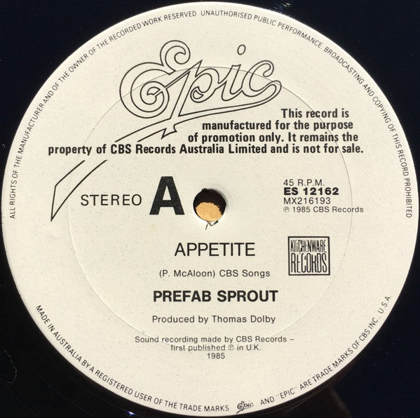 Prefab Sprout – Appetite 12" vinyl record, image 3 of 4