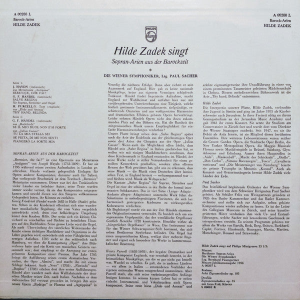 Hilde Zadek, Paul Sacher, Wiener Symphoniker – Haydn, Händel, Purcell - Sopran-Arien Aus Der Barockzeit LP vinyl record, image 2 of 4