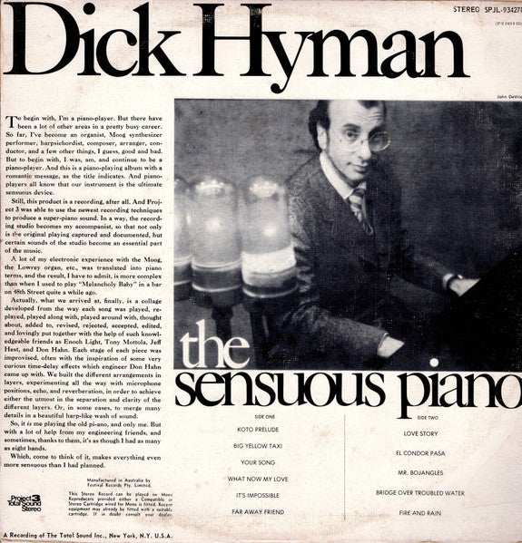Dick Hyman – The Sensuous Piano Of Dick Hyman LP vinyl record, image 2 of 2