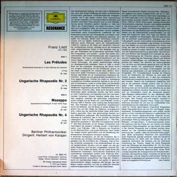 Franz Liszt, Berliner Philharmoniker, Herbert von Karajan – Mazeppa - Les Preludes - Ungarische Rhapsodien Nr.2 & 4 LP vinyl record, image 2 of 4