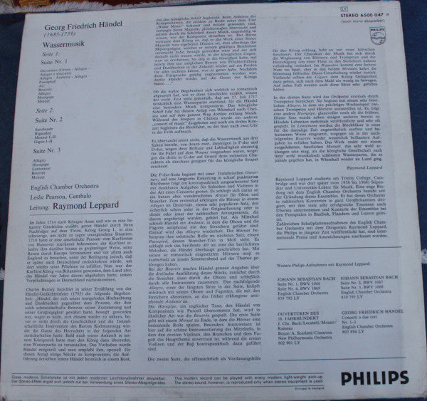 Georg Friedrich Händel, English Chamber Orchestra, Raymond Leppard – Wassermusik LP vinyl record, image 2 of 4