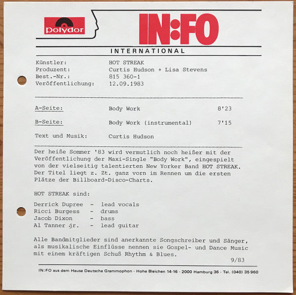 Hot Streak – Body Work 12" vinyl record, image 5 of 5