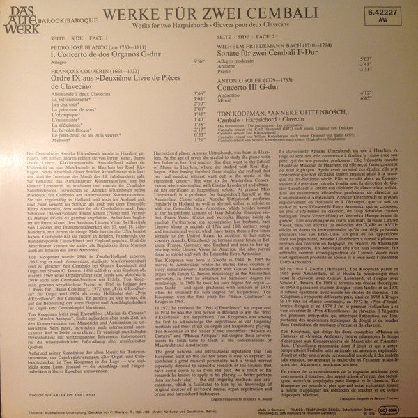 Ton Koopman, Anneke Uittenbosch – Werke Für Zwei Cembali Works For Two Harpsichords/Oeuvres Pour Deux Clavecins LP vinyl record, image 4 of 6