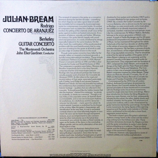 Julian Bream, Joaquín Rodrigo, Lennox Berkeley – Concierto De Aranjuez/Guitar Concerto LP vinyl record, image 2 of 5