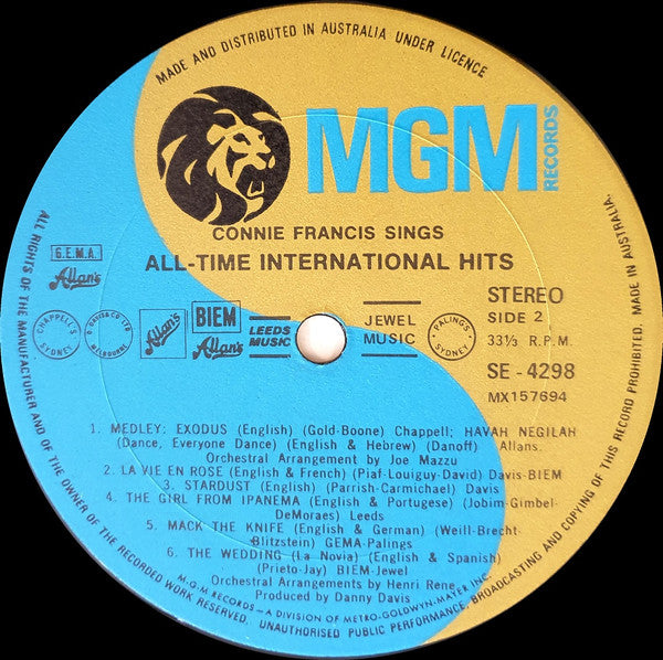 Connie Francis – Connie Francis Sings The All Time International Hits LP vinyl record, image 4 of 4