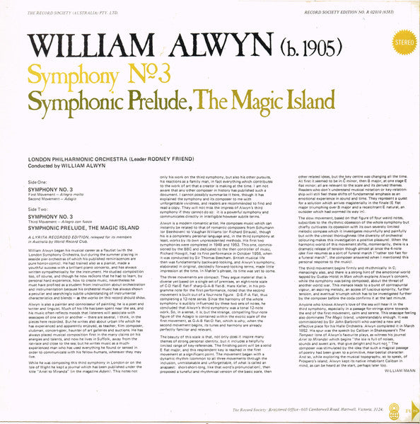 William Alwyn – Symphony No. 3 / The Magic Island LP vinyl record, image 2 of 4
