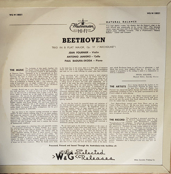 Ludwig van Beethoven, Jean Fournier, Antonio Janigro, Paul Badura-Skoda – Trio B Flat Major Op. 97 "Archduke" LP vinyl record, image 2 of 5