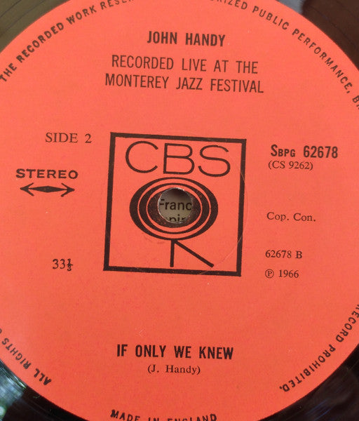 John Handy – Recorded Live At The Monterey Jazz Festival LP vinyl record, image 3 of 4