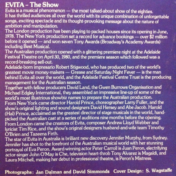 Andrew Lloyd Webber, Tim Rice – Evita Premiere Australian Cast Recording (Excerpts From The Australian Production) LP vinyl record, image 3 of 7