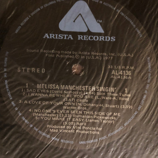 Melissa Manchester – Singin' LP vinyl record, image 5 of 6