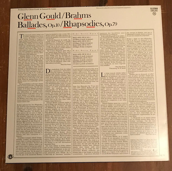 Johannes Brahms, Glenn Gould – Ballades, Op.10, Rhapsodies, Op.79 LP vinyl record, image 3 of 6
