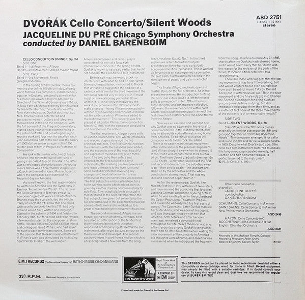 Antonín Dvořák, Jacqueline du Pré, Chicago Symphony Orchestra, Daniel Barenboim – Cello Concerto In B Minor & "Silent Woods" Adagio For Cello & Orchestra LP vinyl record, image 2 of 4