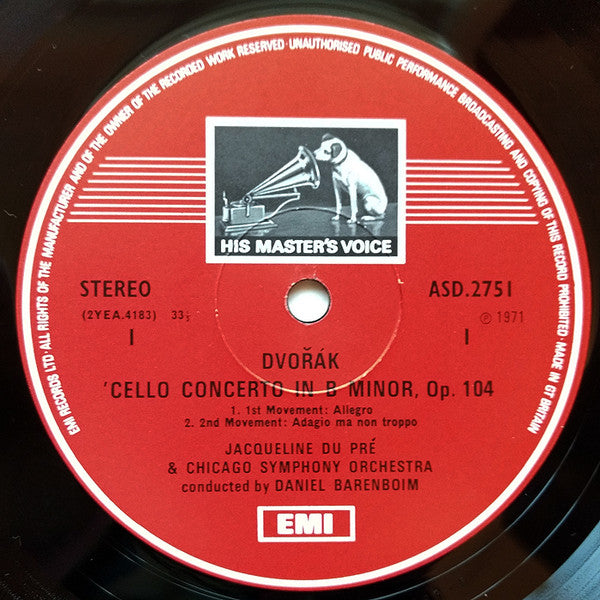 Antonín Dvořák, Jacqueline du Pré, Chicago Symphony Orchestra, Daniel Barenboim – Cello Concerto In B Minor & "Silent Woods" Adagio For Cello & Orchestra LP vinyl record, image 3 of 4
