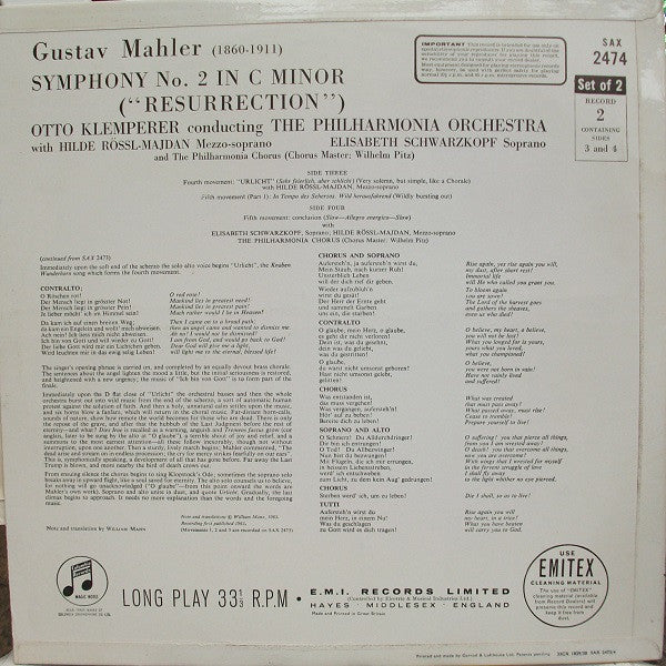 Gustav Mahler, Otto Klemperer, Philharmonia Orchestra, Philharmonia Chorus, Elisabeth Schwarzkopf, Hilde Rössel-Majdan – Symphony No. 2 (2xLP) LP vinyl record, image 4 of 8
