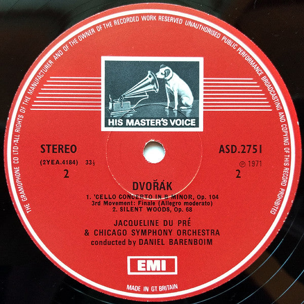 Antonín Dvořák, Jacqueline du Pré, Chicago Symphony Orchestra, Daniel Barenboim – Cello Concerto In B Minor & "Silent Woods" Adagio For Cello & Orchestra LP vinyl record, image 4 of 4