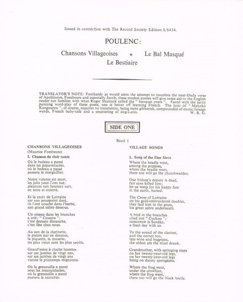 Francis Poulenc – Le Bal Masqué • Rapsodie Nègre • Chansons Villageoises • Le Bestiaire LP vinyl record, image 5 of 10