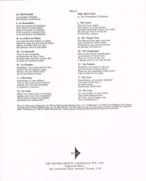 Francis Poulenc – Le Bal Masqué • Rapsodie Nègre • Chansons Villageoises • Le Bestiaire LP vinyl record, image 10 of 10