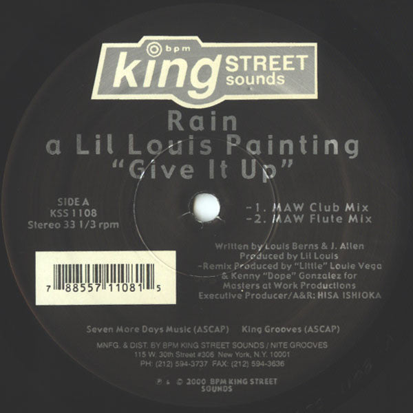 Rain, Lil' Louis – Give It Up 12" vinyl record, image 2 of 2