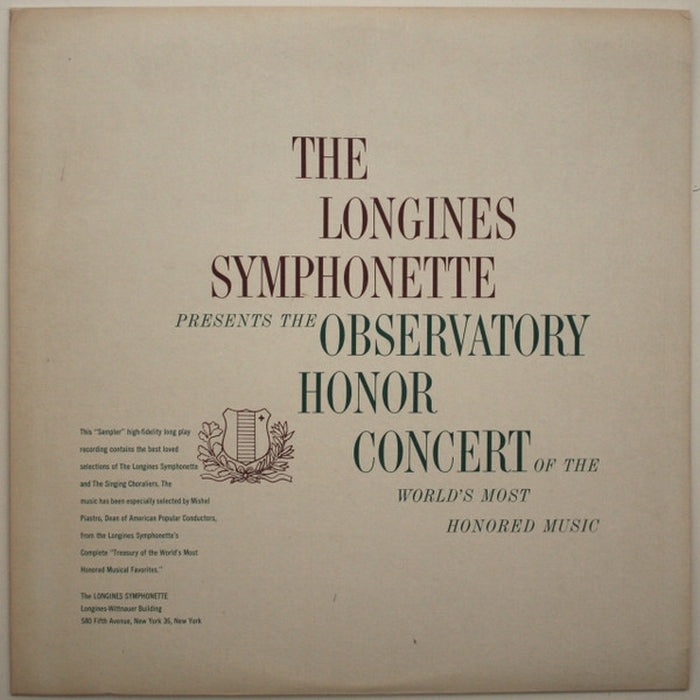 The Longines Symphonette, The Singing Choraliers – Observatory Honor Concert Of The World's Most Honored Music (LP, Vinyl Record Album)