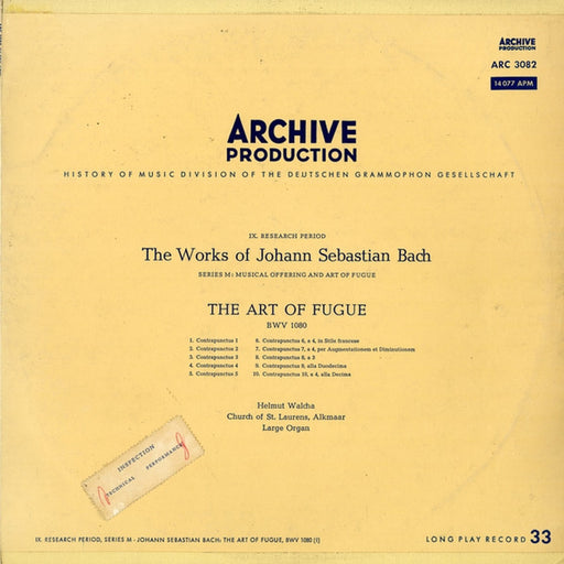 Johann Sebastian Bach, Helmut Walcha – The Art Of Fugue, BWV 1080 (I) (LP, Vinyl Record Album)
